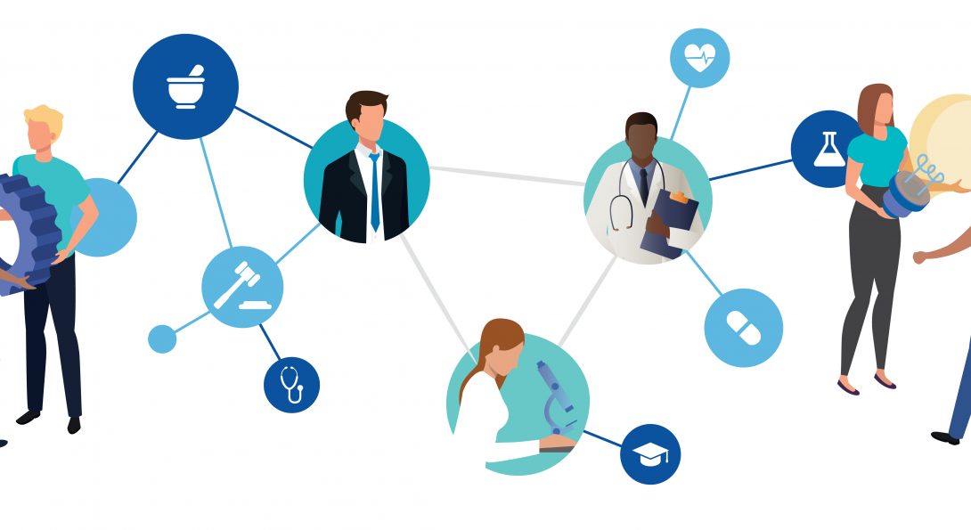 illustration of people working, connected by lines and various icons representing science