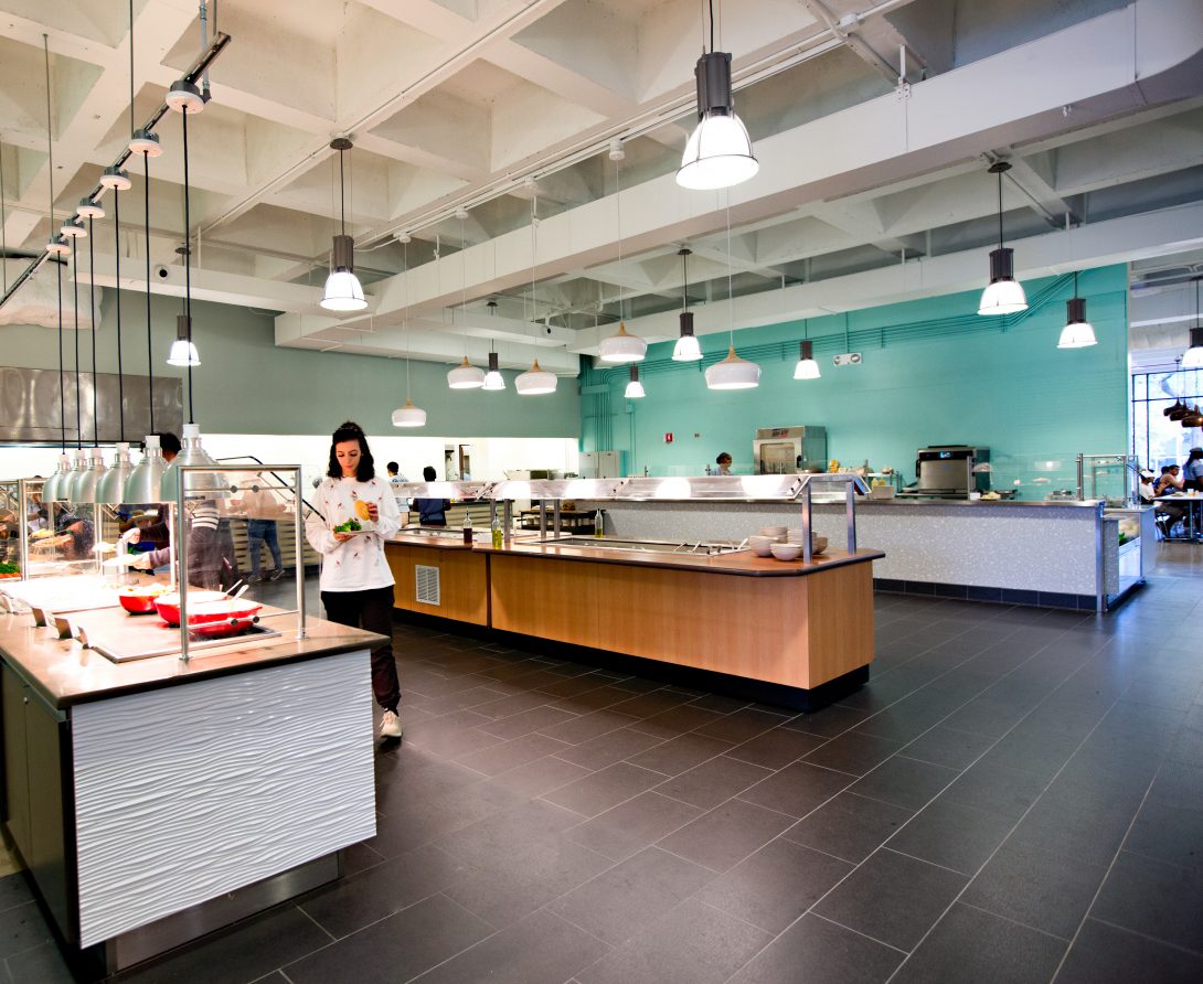 a modern cafeteria wiht healthy food options