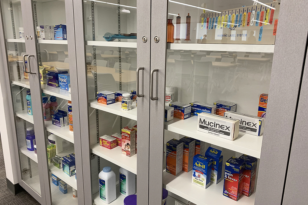 cabinet with many different kinds of pharmaceutical products